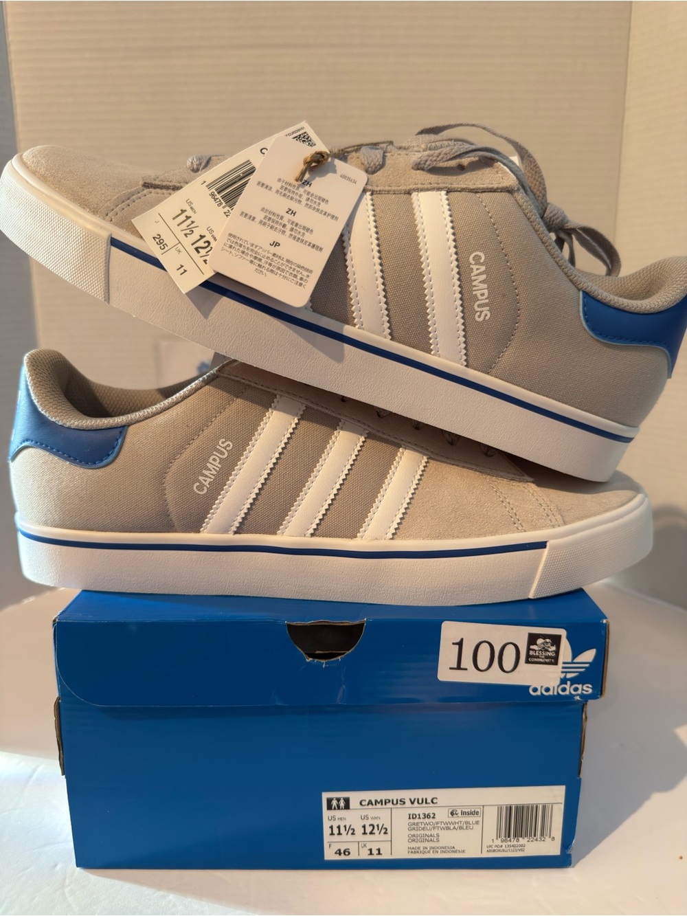 adidas Campus Low-Top Sneakers in Light Gray with Blue Heel